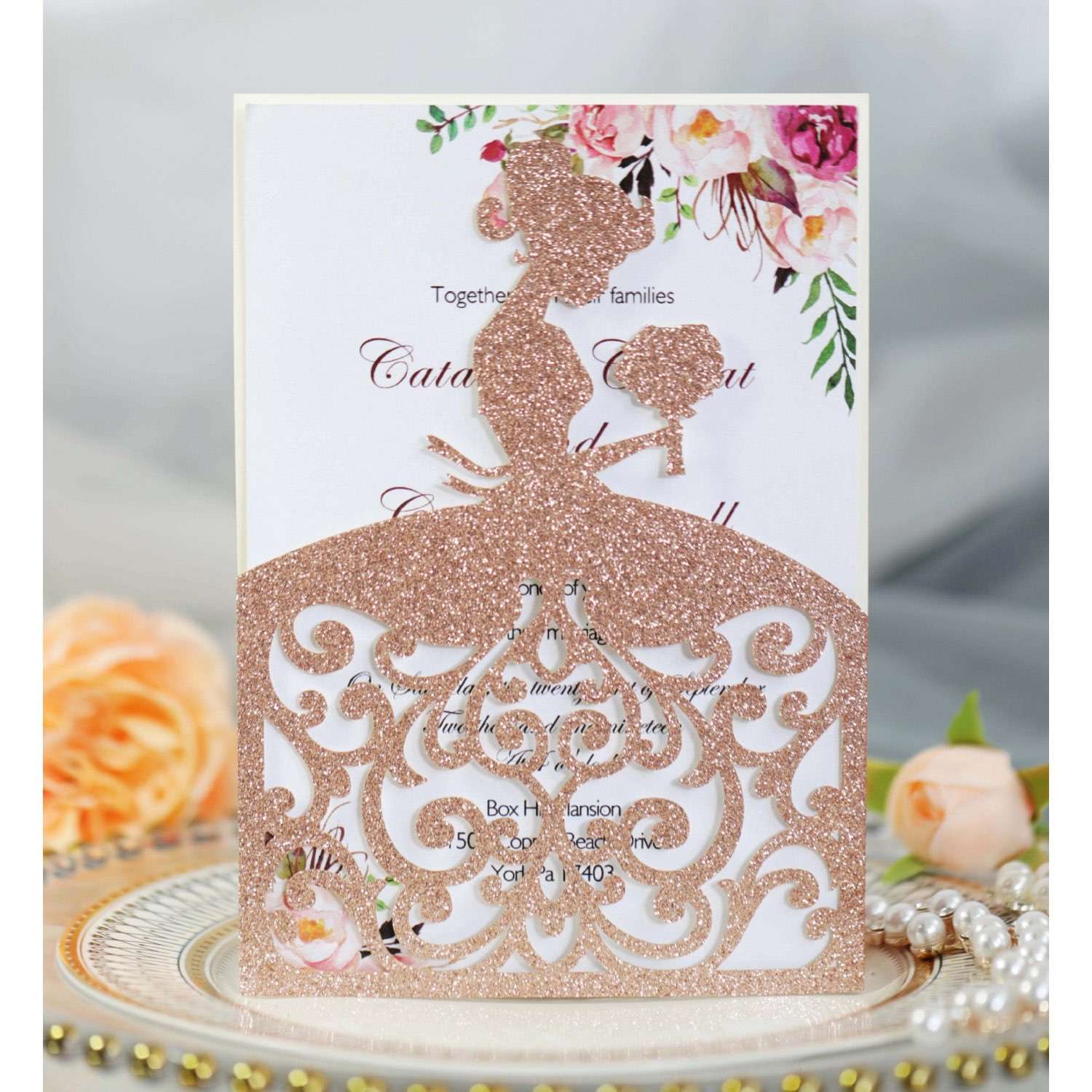 Glitter Invitation Card With Envelope Beautiful Girl Invitation Wedding Card Laser Cut